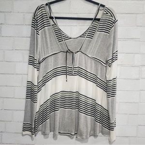 Lush Stripe Low Back-Tie Long Sleeve Waterfall Shirt.